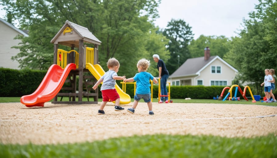 Children climbing and playing on playground equipment with parent supervising from a bench nearby