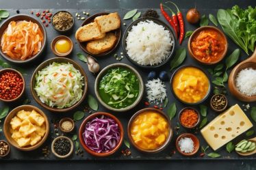An array of culturally diverse fermented foods, including kimchi, sauerkraut, kombucha, sourdough bread, miso, and cheese, symbolizing the global tradition and modern significance of fermentation.
