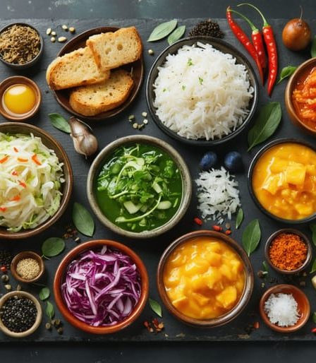 An array of culturally diverse fermented foods, including kimchi, sauerkraut, kombucha, sourdough bread, miso, and cheese, symbolizing the global tradition and modern significance of fermentation.