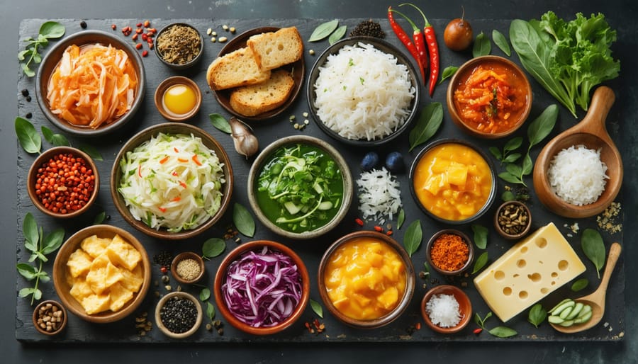 An array of culturally diverse fermented foods, including kimchi, sauerkraut, kombucha, sourdough bread, miso, and cheese, symbolizing the global tradition and modern significance of fermentation.