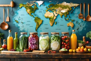 A variety of global fermented foods including kimchi, sauerkraut, kombucha, and vinegar, arranged on a wooden kitchen counter with cultural elements like chopsticks and a sake bottle, symbolizing ancient culinary traditions.