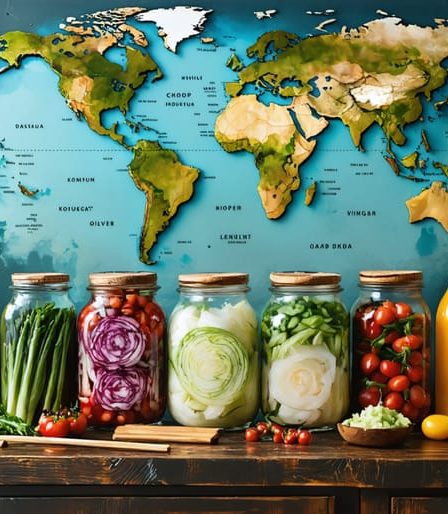 A variety of global fermented foods including kimchi, sauerkraut, kombucha, and vinegar, arranged on a wooden kitchen counter with cultural elements like chopsticks and a sake bottle, symbolizing ancient culinary traditions.