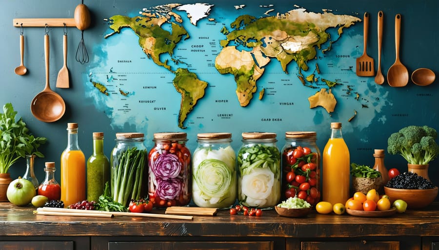 A variety of global fermented foods including kimchi, sauerkraut, kombucha, and vinegar, arranged on a wooden kitchen counter with cultural elements like chopsticks and a sake bottle, symbolizing ancient culinary traditions.