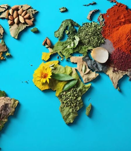 Conceptual image of a world map with spice blends, illustrating Moroccan ras el hanout, Japanese shichimi togarashi, Ethiopian berbere, Indian garam masala, and French Herbs de Provence over their respective regions, highlighted with colorful spices.