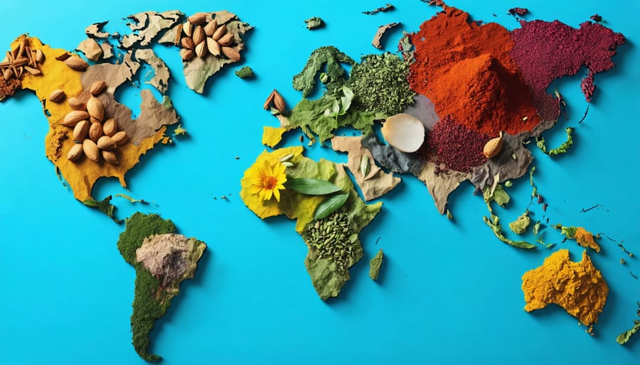 Conceptual image of a world map with spice blends, illustrating Moroccan ras el hanout, Japanese shichimi togarashi, Ethiopian berbere, Indian garam masala, and French Herbs de Provence over their respective regions, highlighted with colorful spices.