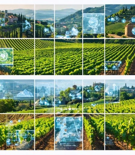 A collage of vineyards from Tuscany, Napa Valley, and the Loire Valley, showcasing diverse landscapes and grape varieties with an overlay symbolizing modern wine-making innovation.