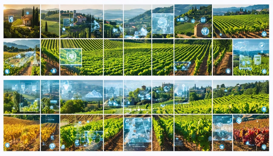 A collage of vineyards from Tuscany, Napa Valley, and the Loire Valley, showcasing diverse landscapes and grape varieties with an overlay symbolizing modern wine-making innovation.