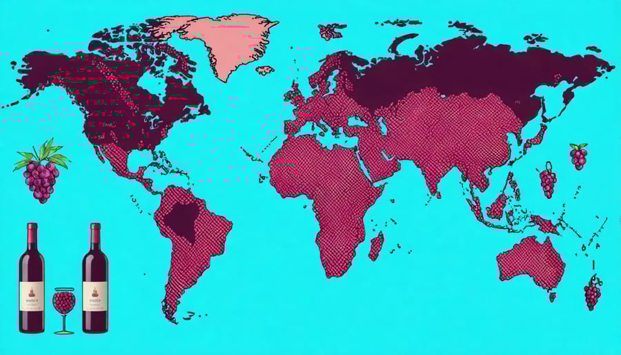 Illustrated world map showing major wine regions and their signature grape varieties