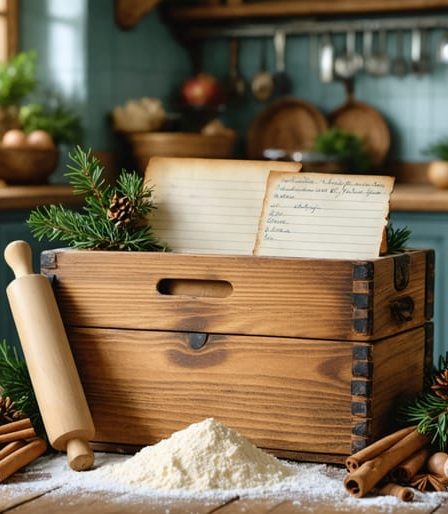 A warm, nostalgic image of a wooden recipe box filled with weathered handwritten holiday recipes, surrounded by traditional holiday baking ingredients, capturing the essence of cherished family cooking heritage.