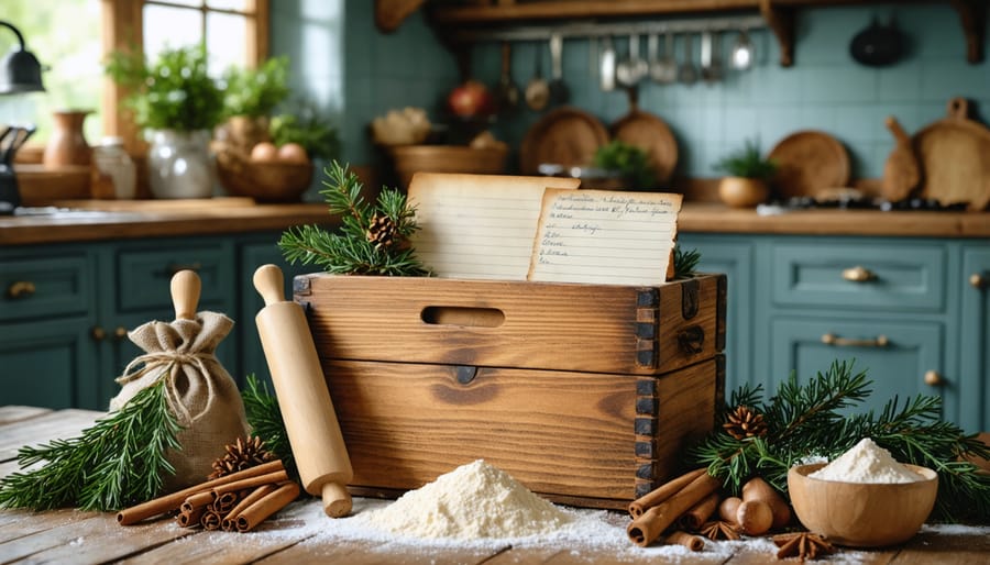 A warm, nostalgic image of a wooden recipe box filled with weathered handwritten holiday recipes, surrounded by traditional holiday baking ingredients, capturing the essence of cherished family cooking heritage.