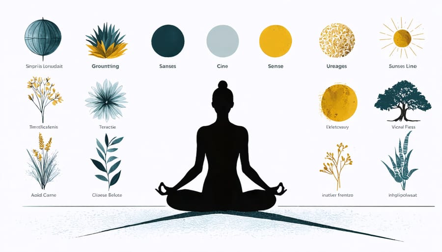 Illustration showing a woman surrounded by numbered elements representing sight, sound, touch, smell, and taste