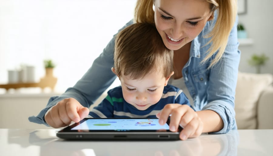 Parent actively supervising and engaging with child during screen time