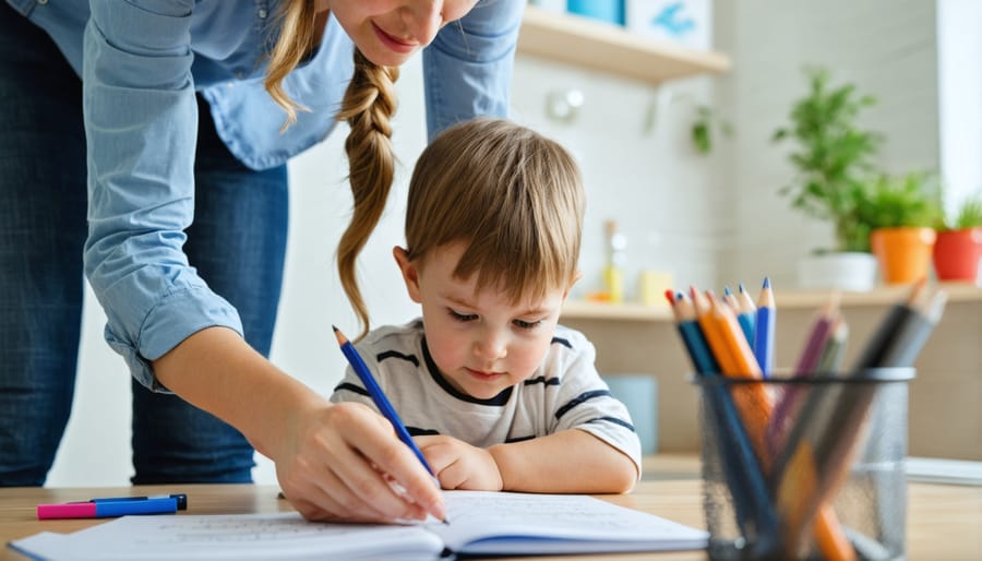 Parent supervising child learning to tie shoelaces, maintaining a supportive distance