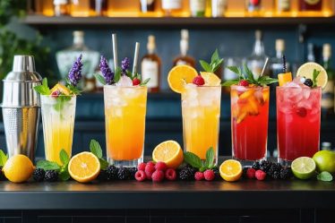 A well-organized and inviting home bar featuring diverse, garnished cocktails, fresh fruits, and essential mixology tools, embodying the art of home cocktail crafting.