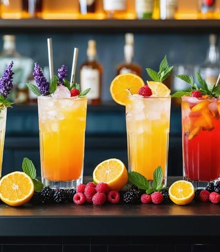 A well-organized and inviting home bar featuring diverse, garnished cocktails, fresh fruits, and essential mixology tools, embodying the art of home cocktail crafting.