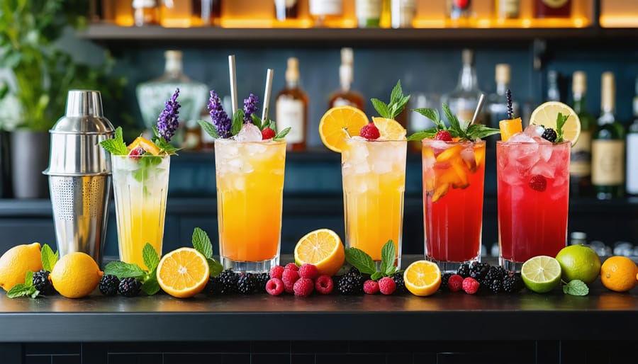 A well-organized and inviting home bar featuring diverse, garnished cocktails, fresh fruits, and essential mixology tools, embodying the art of home cocktail crafting.