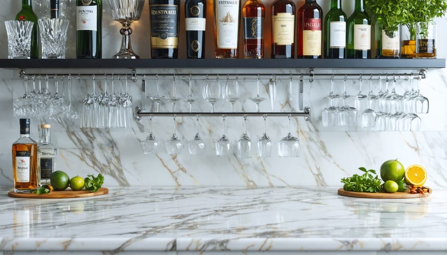 Well-organized home bar display with cocktail shaker, jigger, spirits, and fresh citrus garnishes