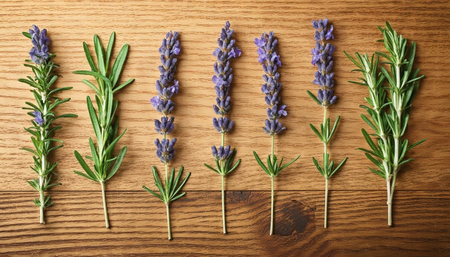 Fresh Mediterranean herbs including lavender, thyme, and rosemary arranged on wooden board