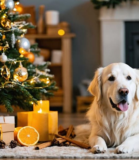 A cozy living room decorated for the holidays with a Christmas tree featuring pet-safe ornaments like dried orange slices and wooden decorations. A Golden Retriever sits calmly beside the tree, embodying the festive spirit in a safe, pet-friendly environment.