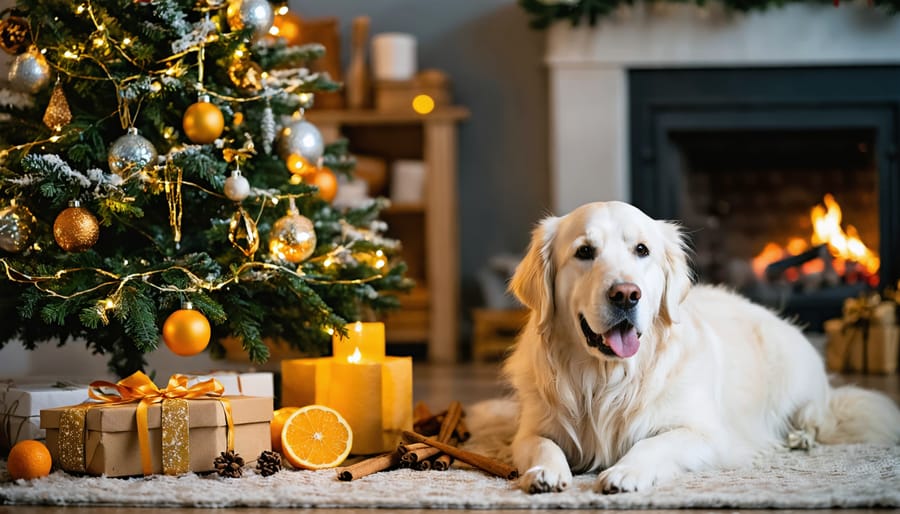 A cozy living room decorated for the holidays with a Christmas tree featuring pet-safe ornaments like dried orange slices and wooden decorations. A Golden Retriever sits calmly beside the tree, embodying the festive spirit in a safe, pet-friendly environment.