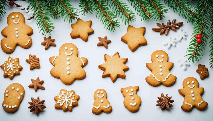 Festive dog treats shaped like stars, trees, and bones with natural decorative toppings