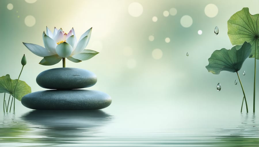 Zen-inspired arrangement of balanced stones with lotus flower symbolizing holistic wellness