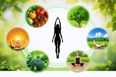 Artistic illustration of a woman surrounded by four interconnected circles symbolizing physical, mental, emotional, and spiritual aspects of holistic wellness.