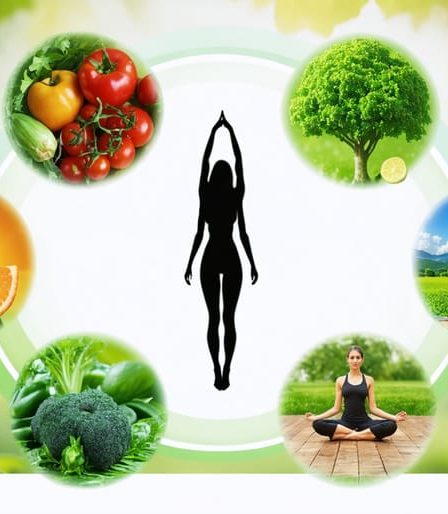 Artistic illustration of a woman surrounded by four interconnected circles symbolizing physical, mental, emotional, and spiritual aspects of holistic wellness.