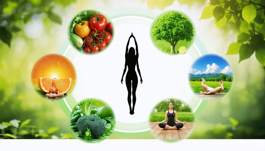 Artistic illustration of a woman surrounded by four interconnected circles symbolizing physical, mental, emotional, and spiritual aspects of holistic wellness.