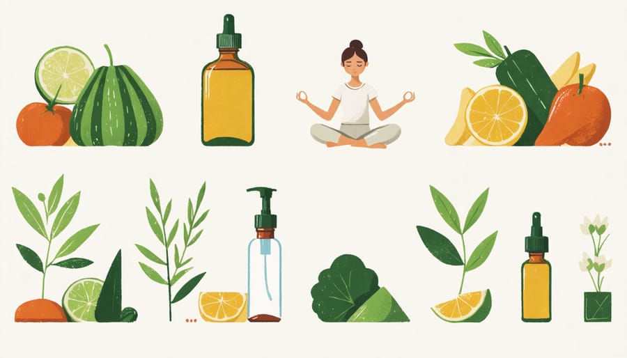 Visual representation of holistic health components including nutrition, mindfulness, and natural beauty