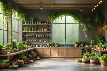 Sunlit wellness center kitchen with natural materials, wooden elements, and fresh herbs, representing the integration of the four elements in culinary and healing practices.