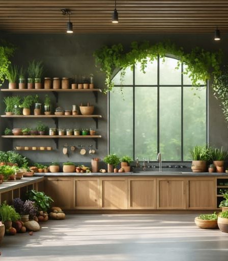 Sunlit wellness center kitchen with natural materials, wooden elements, and fresh herbs, representing the integration of the four elements in culinary and healing practices.