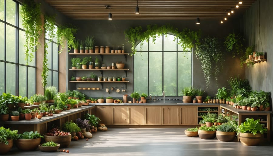 Sunlit wellness center kitchen with natural materials, wooden elements, and fresh herbs, representing the integration of the four elements in culinary and healing practices.
