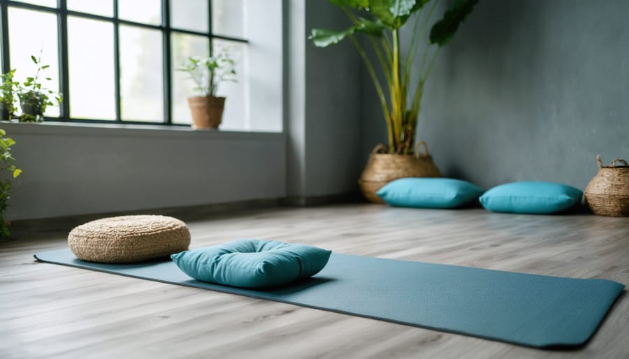 Peaceful home yoga space featuring a rolled-out mat, meditation pillows, and warm ambient lighting