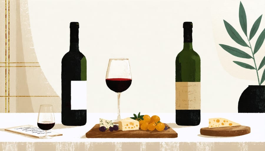 Beautifully arranged wine tasting setting featuring American wines, appetizers, and tasting materials on a wooden table