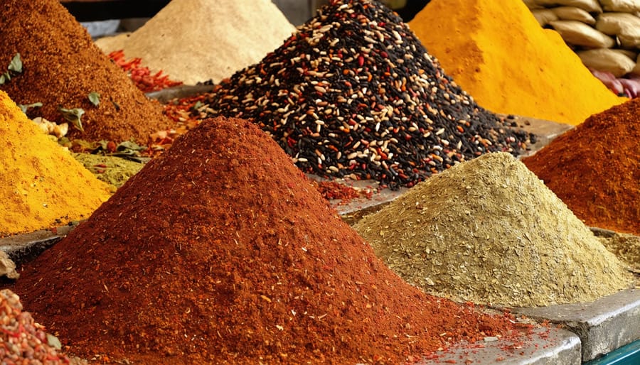 Traditional Indian spice market displaying various masala blends and whole spices