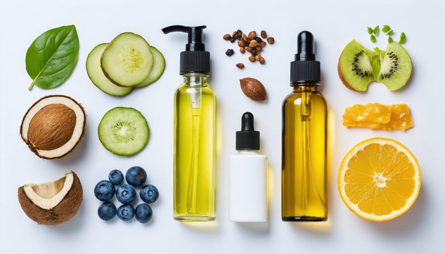 Flatlay of chicory root, Jerusalem artichokes, and other inulin-rich foods alongside natural skincare products