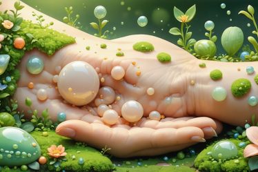 Conceptual illustration showing inulin molecules as gardeners nurturing a lush garden of beneficial bacteria on the skin, representing the prebiotic's role in supporting skin health.