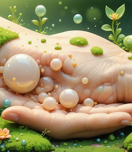 Conceptual illustration showing inulin molecules as gardeners nurturing a lush garden of beneficial bacteria on the skin, representing the prebiotic's role in supporting skin health.