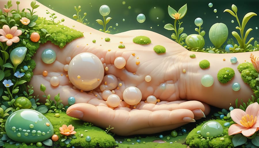 Conceptual illustration showing inulin molecules as gardeners nurturing a lush garden of beneficial bacteria on the skin, representing the prebiotic's role in supporting skin health.