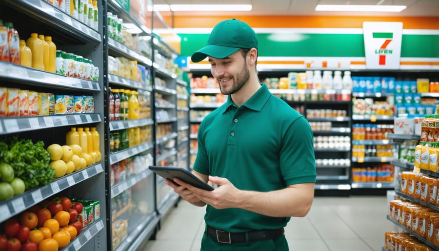 Store employee using tablet for inventory management while restocking fresh items
