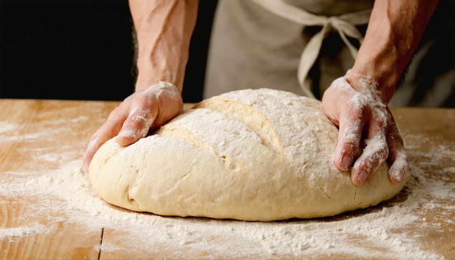 Baker's hands performing the Italian stretch and fold technique on bread dough