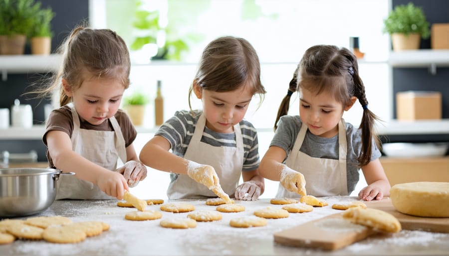 Smiling children decorating sugar cookies with frosting and sprinkles during a cooking class