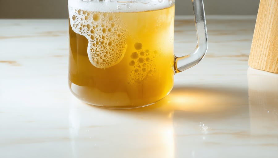 Glass vessel containing kombucha tea with visible SCOBY mother culture and fermentation bubbles