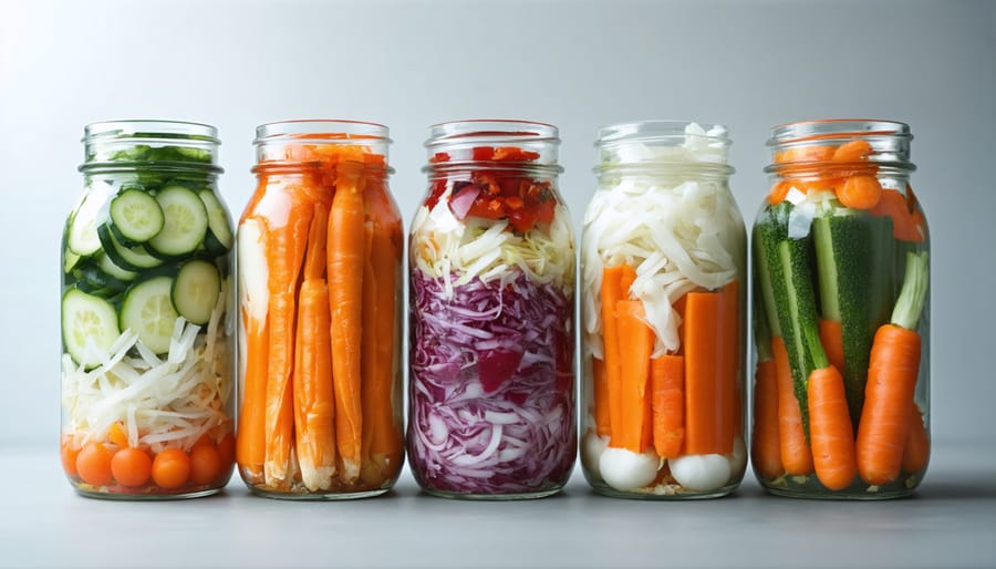 Variety of vibrant fermented vegetables displayed in clear mason jars