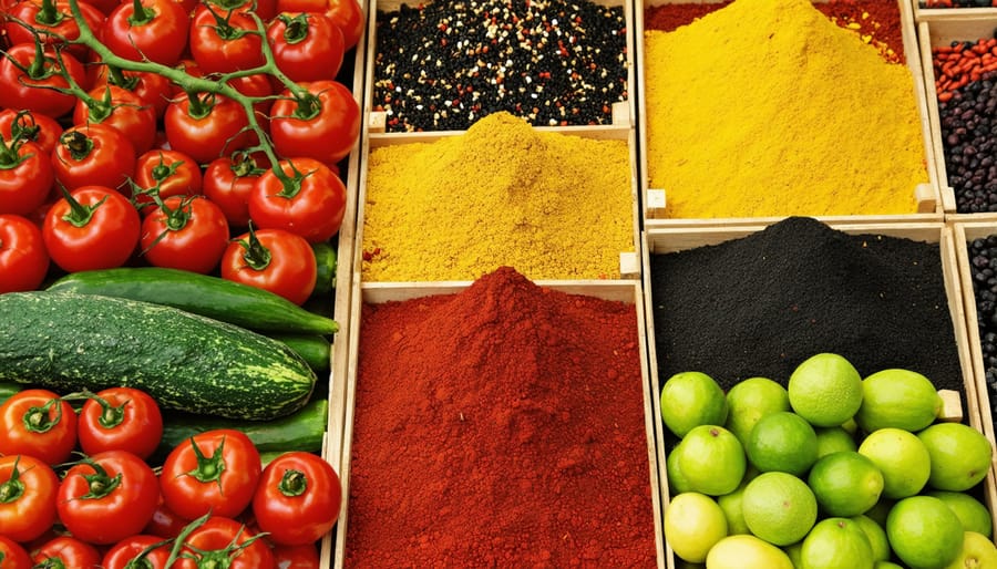 Local market vendor displaying fresh produce and traditional spices