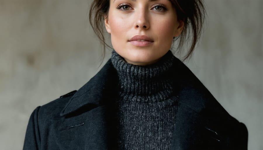 Woman wearing multiple stylish winter layers including silk base layer, cashmere mid-layer, and wool coat