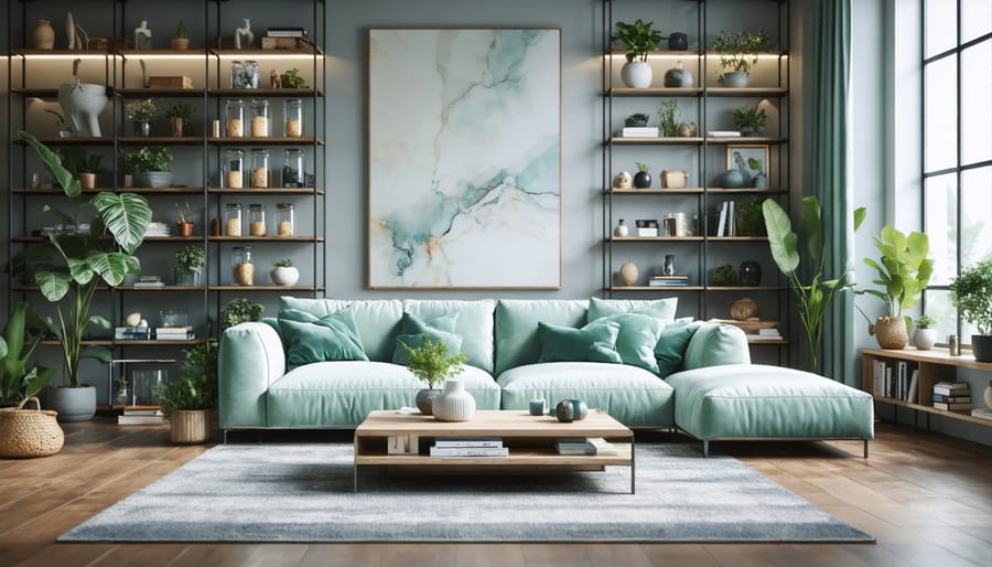A modern and tidy living room showcasing a beautifully organized space with clean surfaces and effective storage solutions, emphasizing the transformation achieved through a 4-step cleaning process.