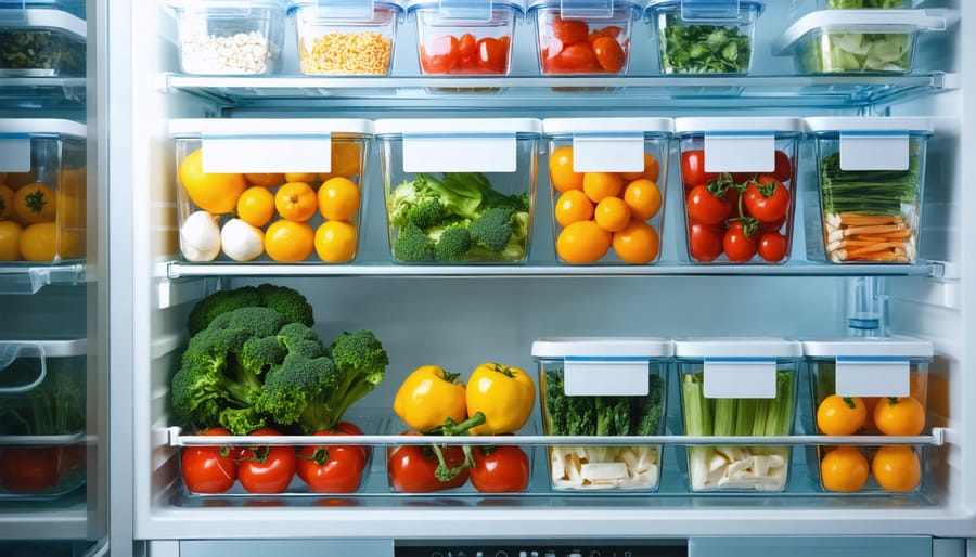 Well-organized refrigerator with prepared meals and ingredients in clear storage containers