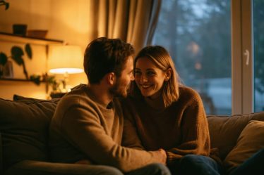 A couple engaged in heartfelt conversation, showing active listening with eye contact and open postures, creating a warm and intimate atmosphere.